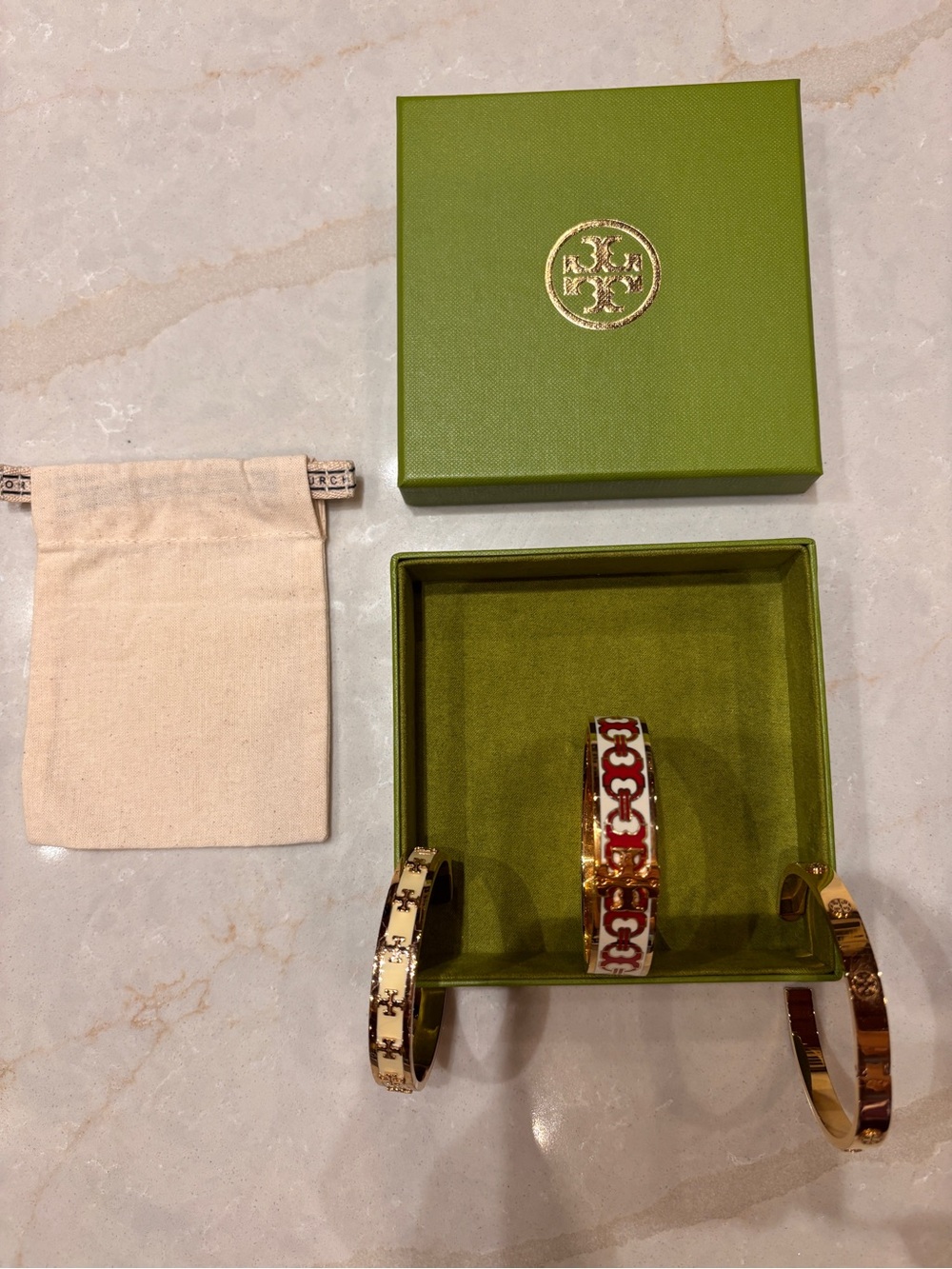 Tory Burch Gold, Cream and Red Enamel Logo Bangles Set